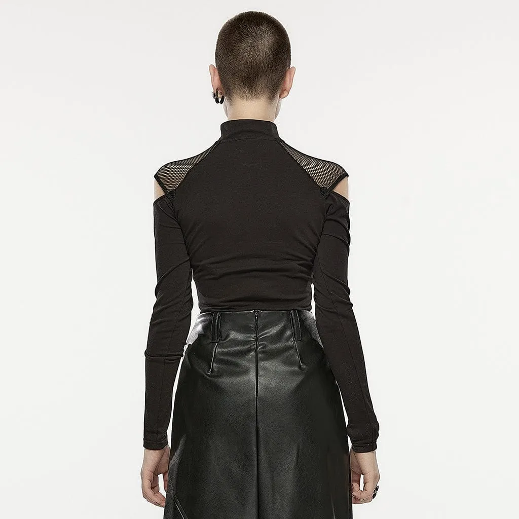 Women's Asymmetricle Stitched Embroidered Mesh T-shirts