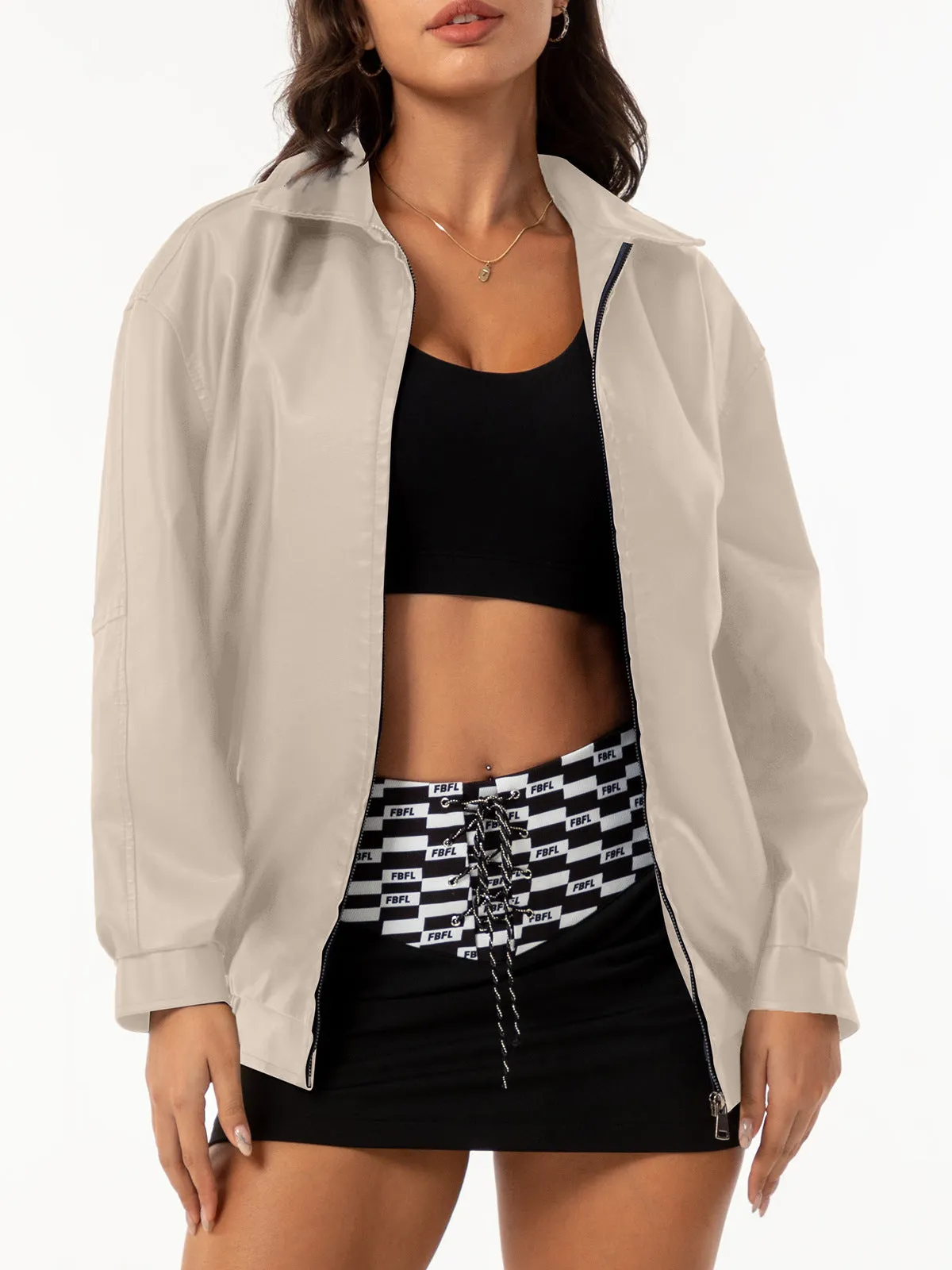 Women's Fashion Loose-Fit Long Sleeve Faux Leather Jacket with Zipper and Pockets