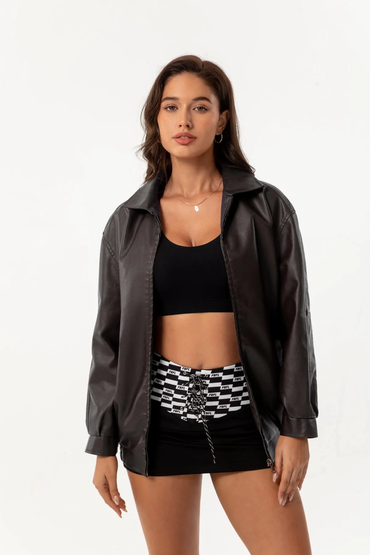 Women's Fashion Loose-Fit Long Sleeve Faux Leather Jacket with Zipper and Pockets