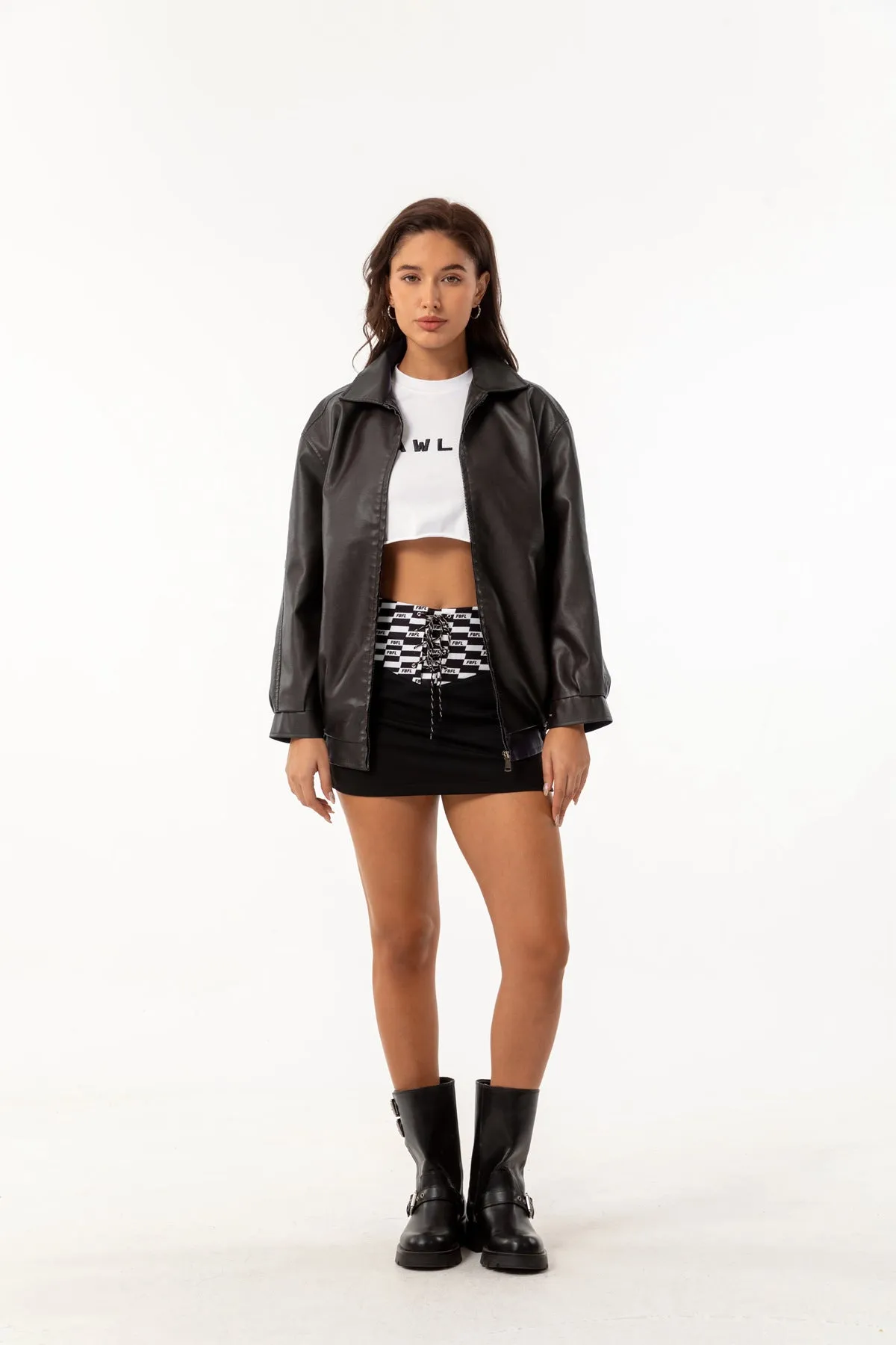 Women's Fashion Loose-Fit Long Sleeve Faux Leather Jacket with Zipper and Pockets