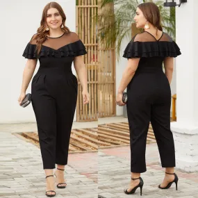 Women's Plus Size Jumpsuit Ruffled Short-Sleeved  Long Length Rompers Jumpsuit