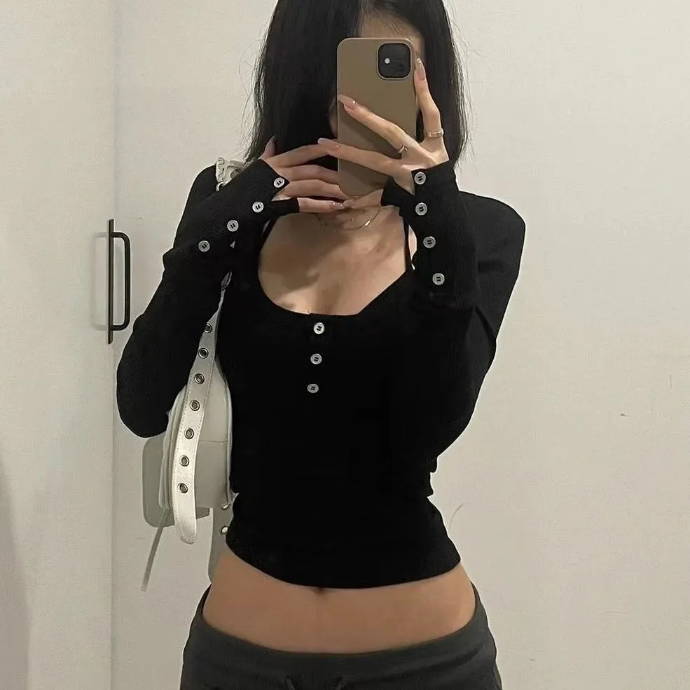 Y2k Aesthetic Vintage Single Breasted T-Shirts Streetwear Knitted Women Tshirts Harajuku Slim Fit Solid Tee Shirts Femme