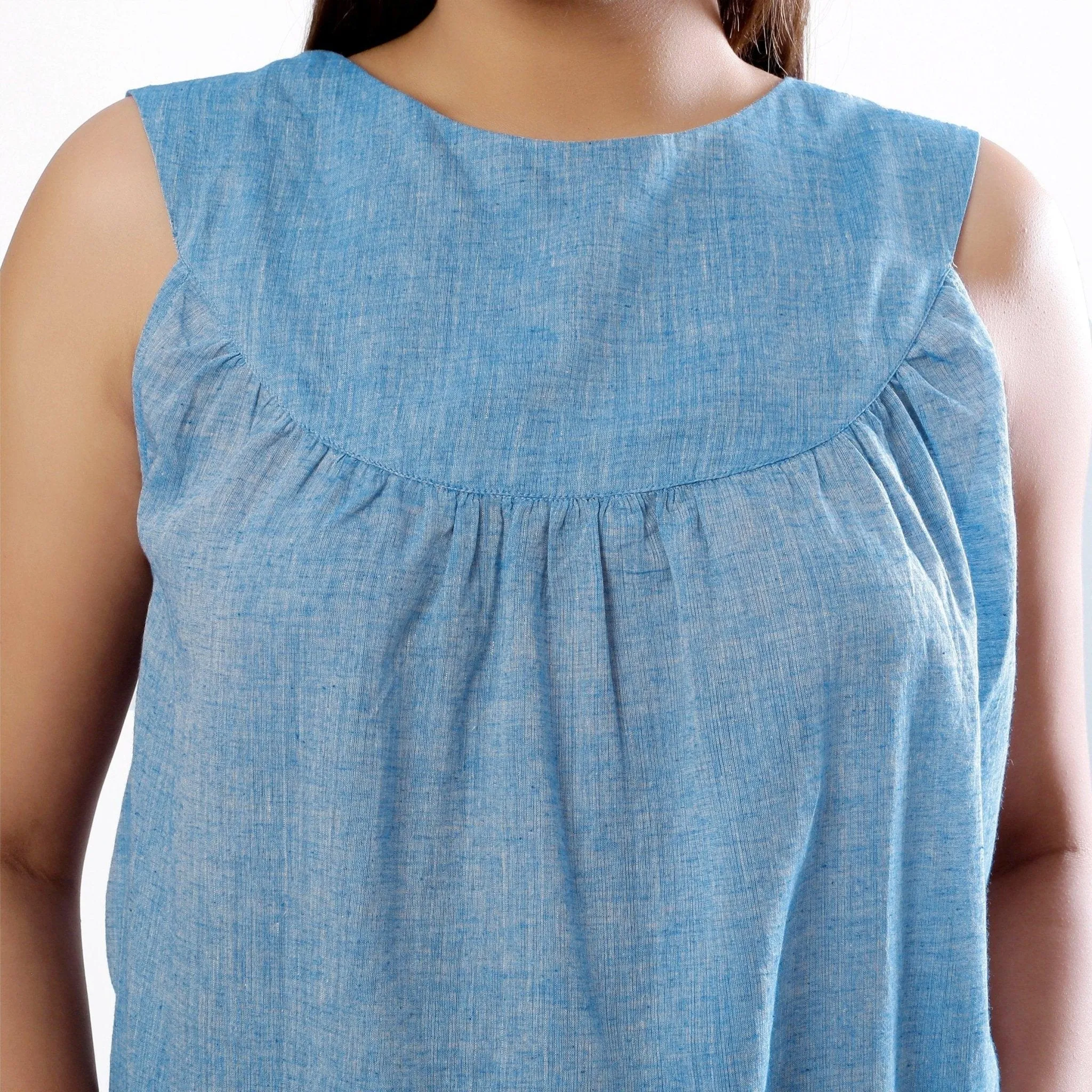 Yarn Dyed Handspun 100% Cotton Sky Blue Round Yoke Top