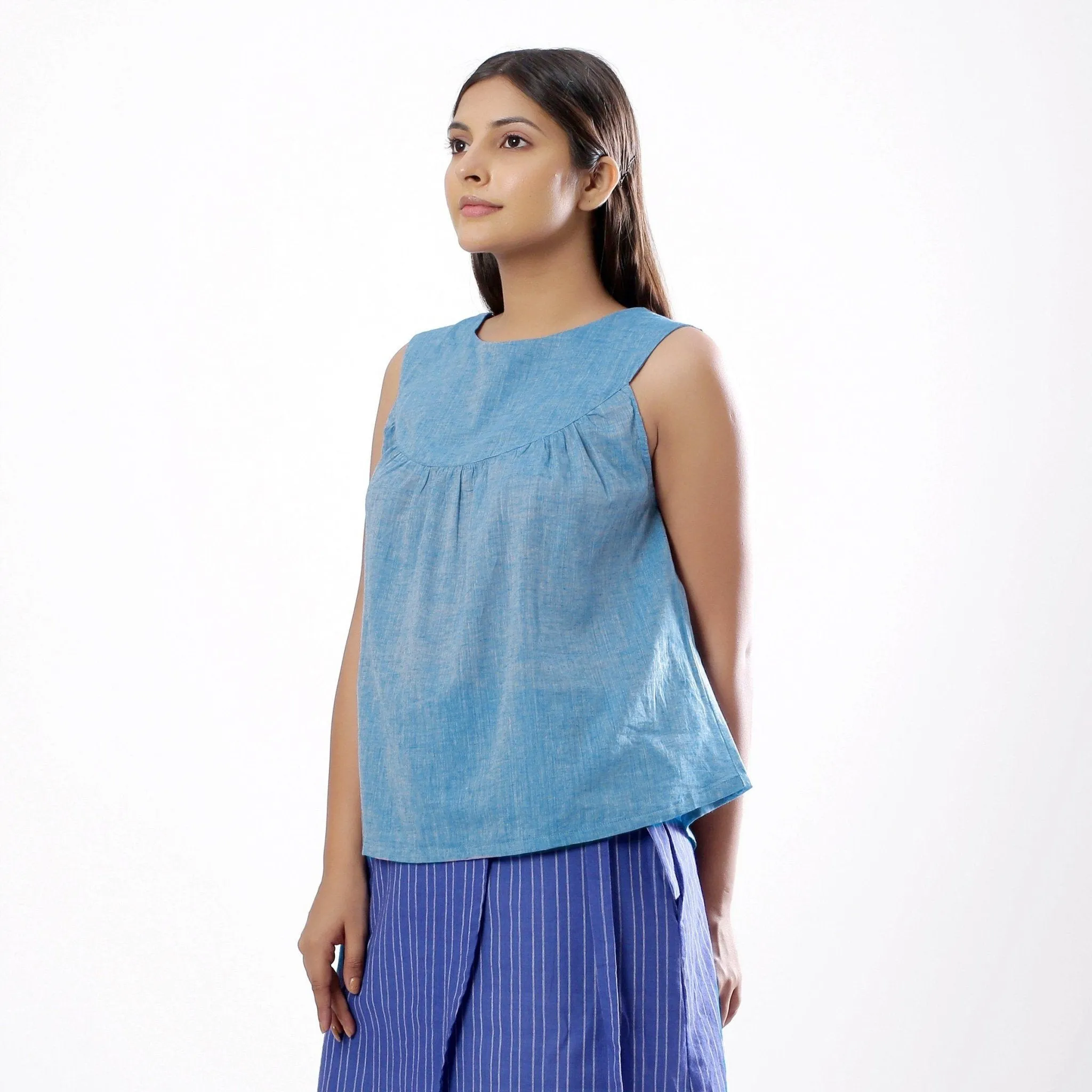 Yarn Dyed Handspun 100% Cotton Sky Blue Round Yoke Top