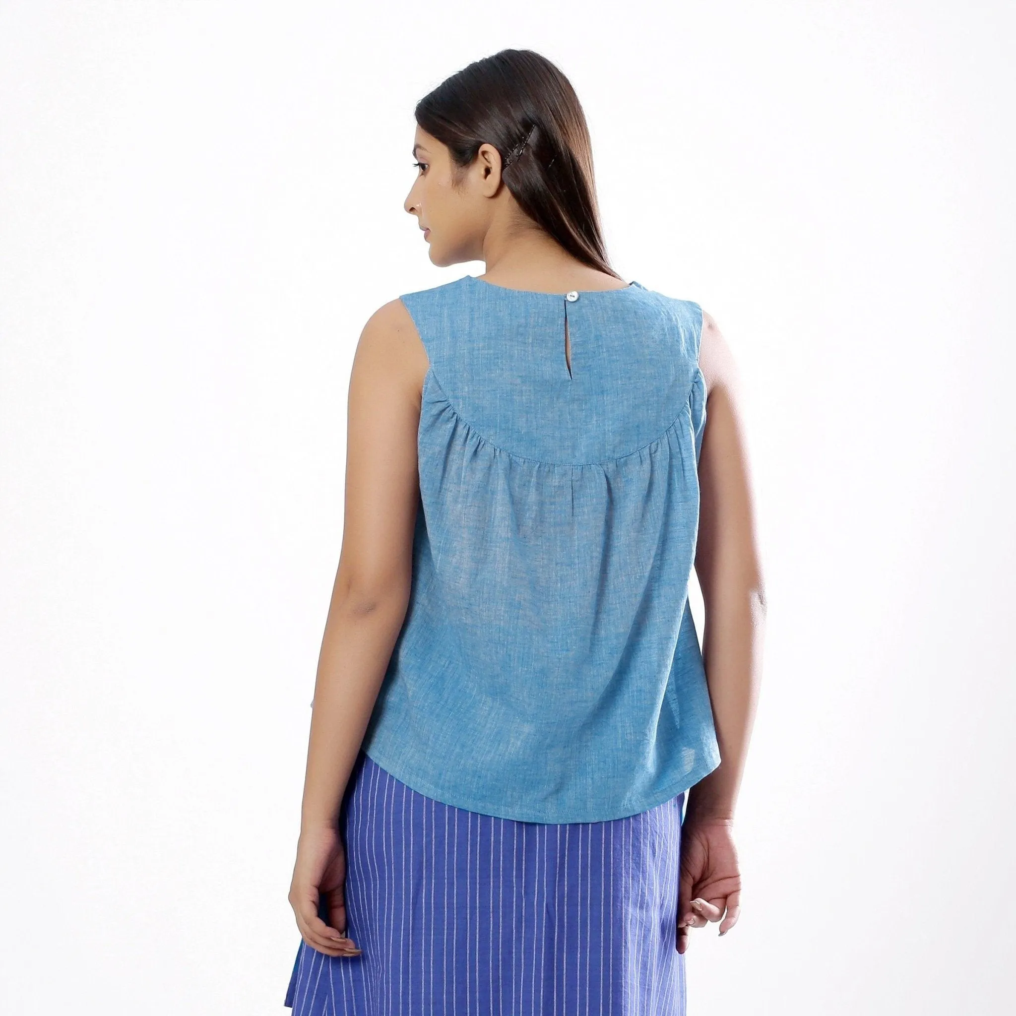 Yarn Dyed Handspun 100% Cotton Sky Blue Round Yoke Top