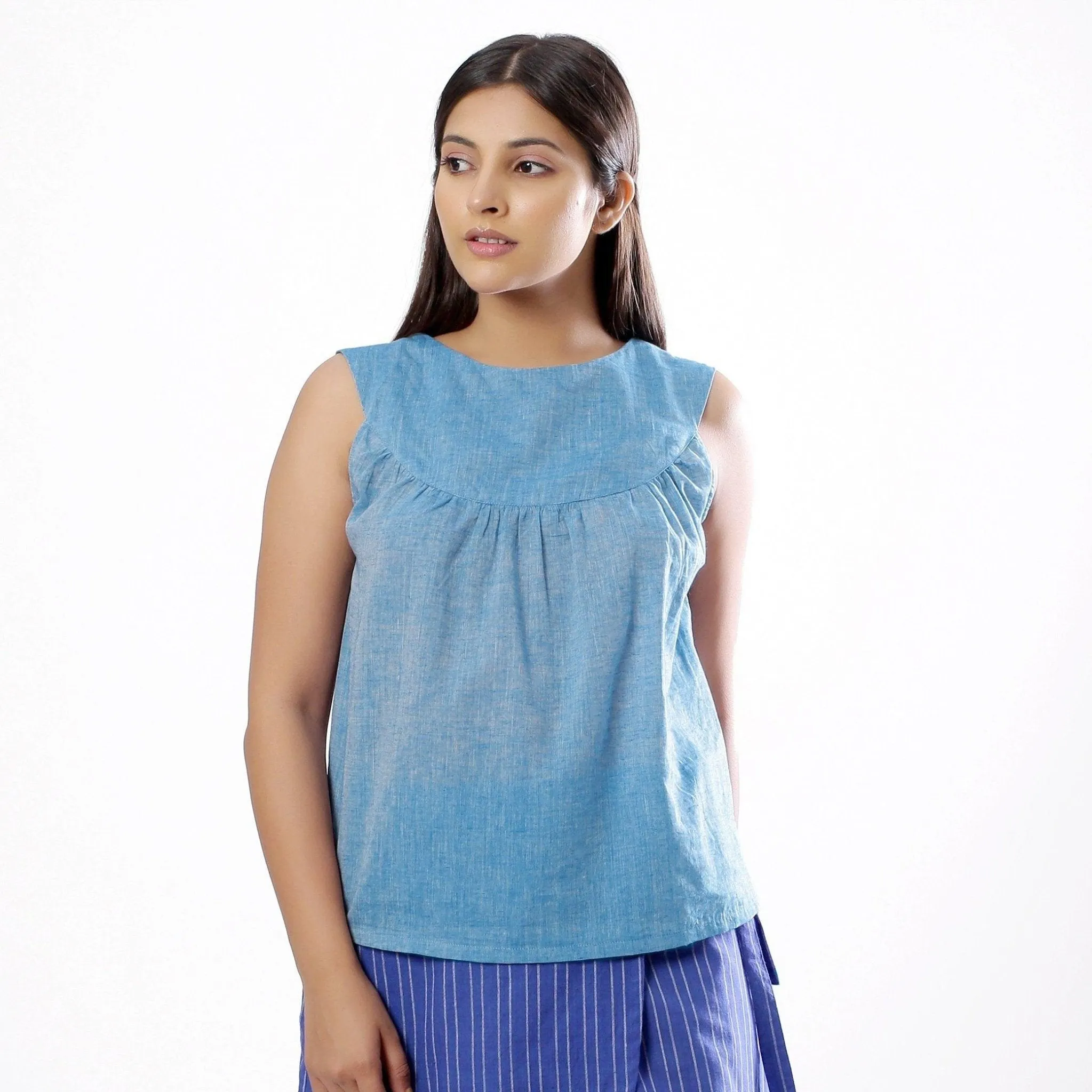 Yarn Dyed Handspun 100% Cotton Sky Blue Round Yoke Top