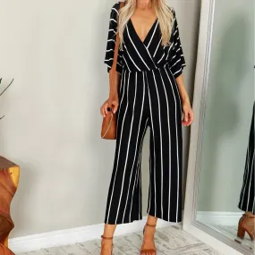 ZANZEA 2018 Summer Elegant Women Striped Jumpsuits Casual Loose Deep V-neck Bodysuit Wide Leg Long Playsuit White Black Rompers